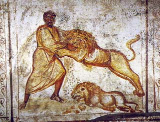 03 Catacomb-Samson and the Lion. Wall-painting, c. 350-400. Via Latina Catacomb, Rome
