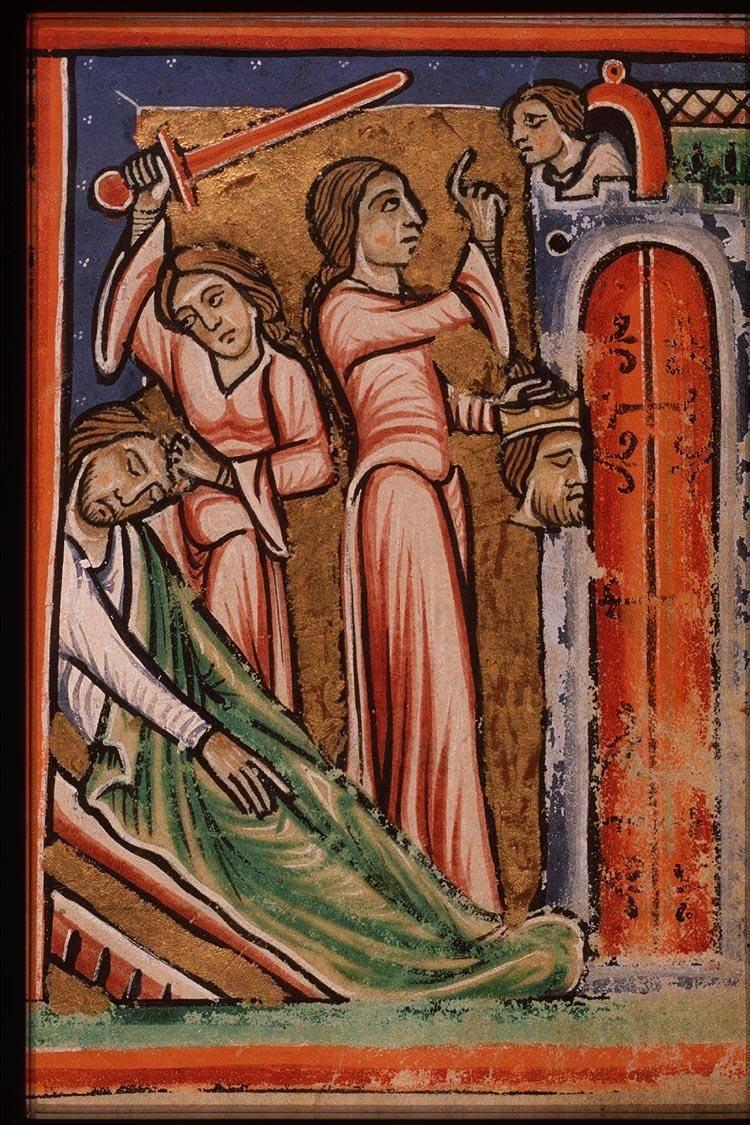04.Holofernes beheaded by Judith with his own sword, Judith with the head before the gates of Bethuliah, Miniatures St. Omer, Benedictine Abbey of St. Bertin c. 1190-1200.