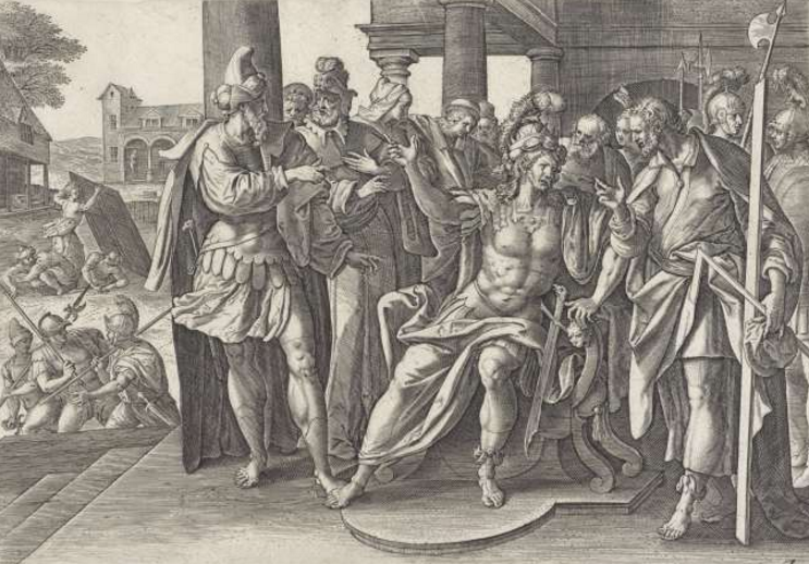 Ахитофель и Хушай дают советы Авшалому. Гравюра. Мартин де Вос , 1585