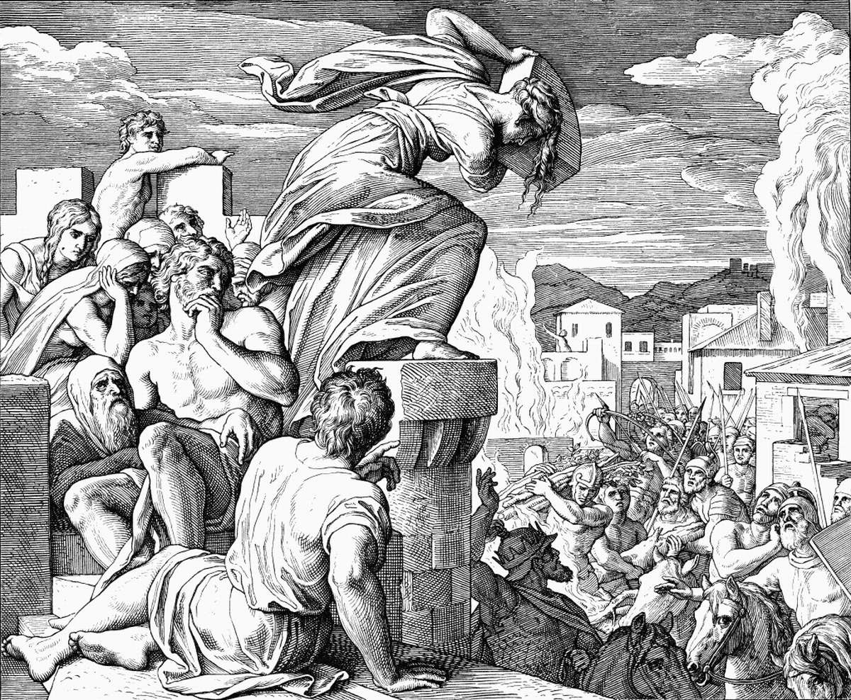 Смерть Авимелеха при осаде крепости Тевец (гравюра).  Юлиус Шнорр фон Карольсфельд (1794-1872)