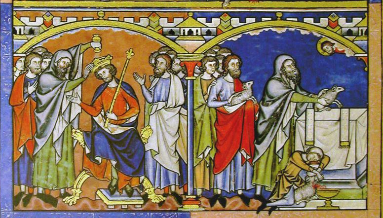 Самуил помазывает на царство Саула и совершает жертвоприношение. Библия Мациевского, XIII век