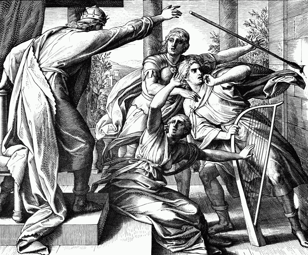 Шауль пытается убить Давида. Юлиус фон Карольсфельд, 1850
