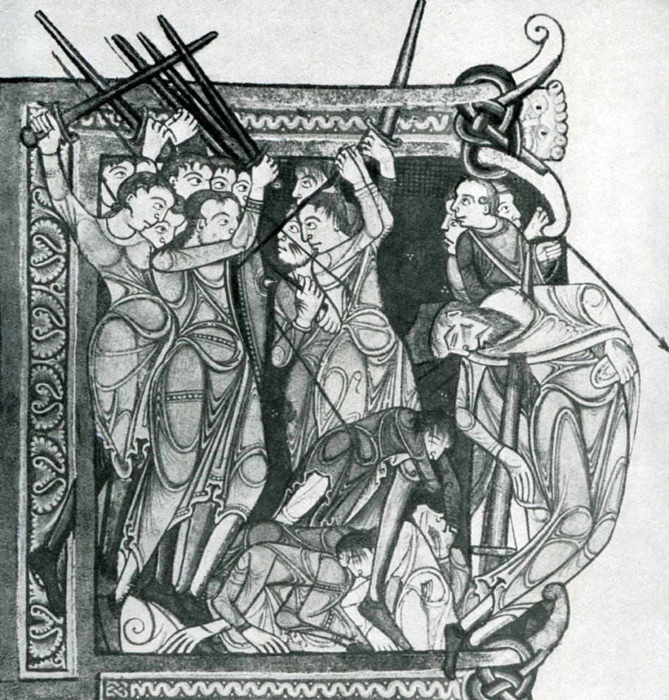 Смерть Саула и его сыновей. Миниатюра Библии Ламбета. Около 1150 г.