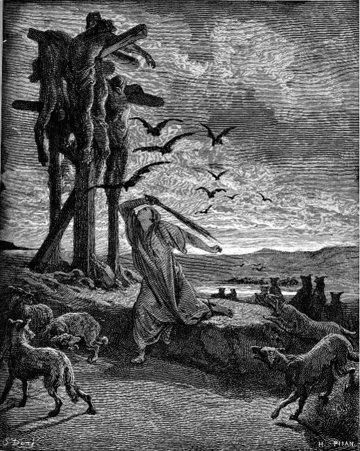 Рицпа отгоняет стервятников от тел своих сыновей. Гюстав Доре (1832-1883), гравюра