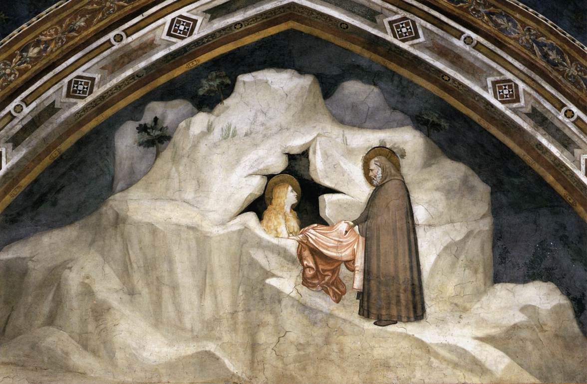 Старец даёт гиматий Марии Магдалине. Фреска Джотто в капелле Магдалины нижней базилики Сан-Франческо в Ассизи, 1320-е.