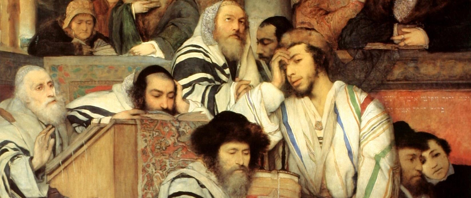 Мауриций Готтлиб, Еврейская молитва в синагоге в Йом-Кипур (1878), фрагмент. Тель-Авивский художественный музей