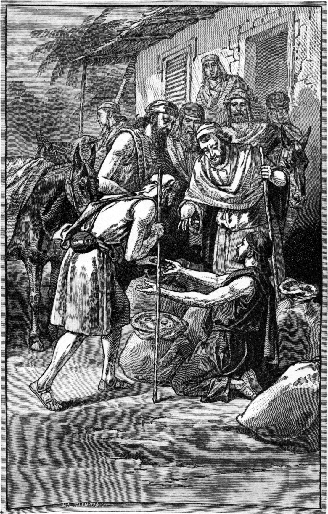 Братья Йосефа обнаруживают в своих мешках серебро. Иллюстрация к изданию Библии, 1897