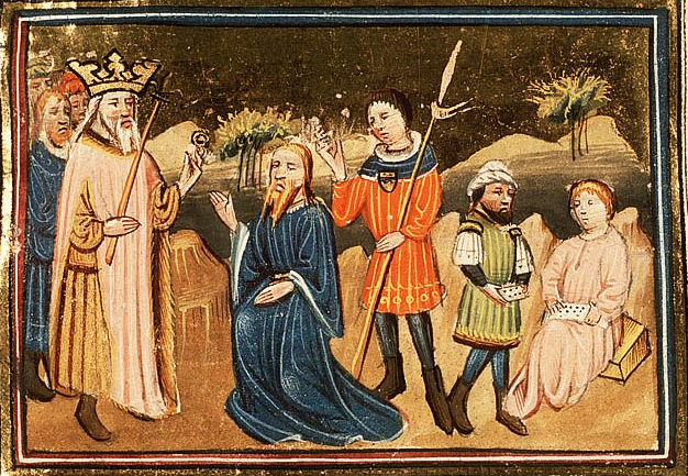 Аман убеждает царя Ахашвероша истребить иудеев. Миниатюра, 1430