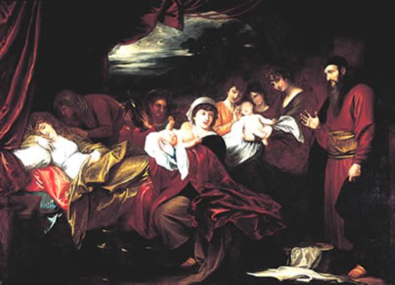 Йицхаку показывают новорожденных Йаакова и Эсава. Бенджамин Уэст, XVIII в.