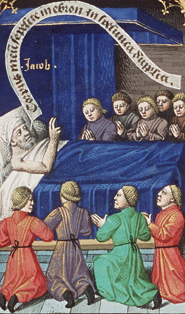 Йааков благословляет своих сыновей. Миниатюра Франсуа Мэтра, 1475-1480