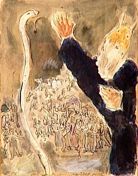 Моше кидает посох, и тот по божьему повелению превращается в змею. Марк Шагал, 1931