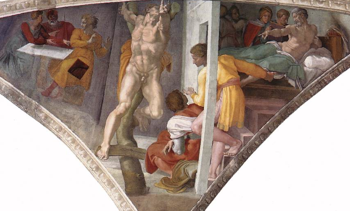 Наказание Амана. Фрагмент росписи потолка Сикстинской капеллы. Микеланджело, 1512